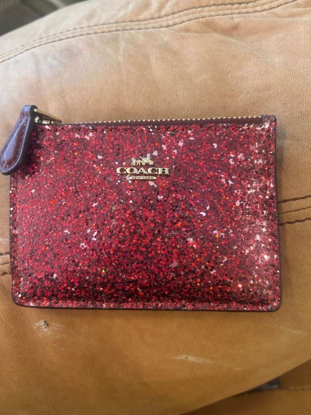 Coach Red Sequin Zip Card Case with Gold Logo